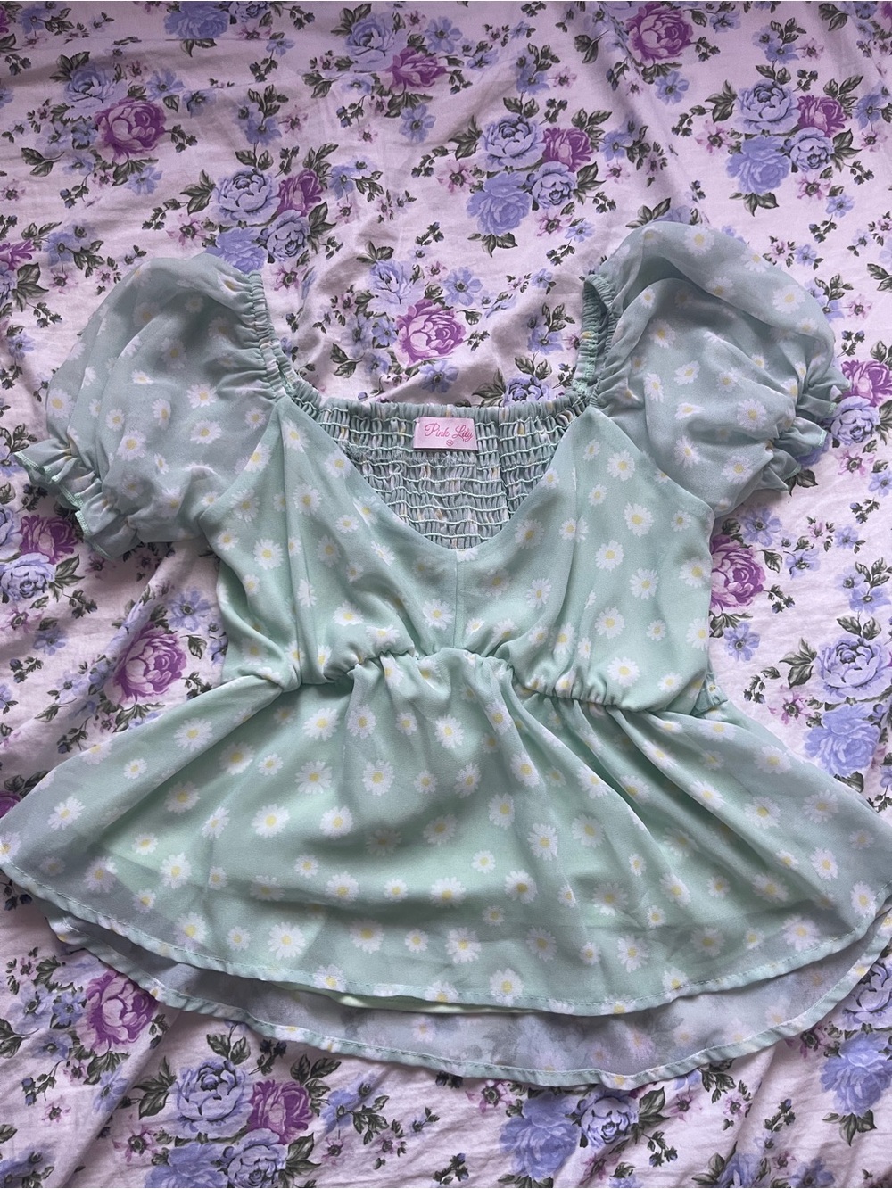 Pink Lily Mint Daisy Puff Sleeve Peplum Blouse